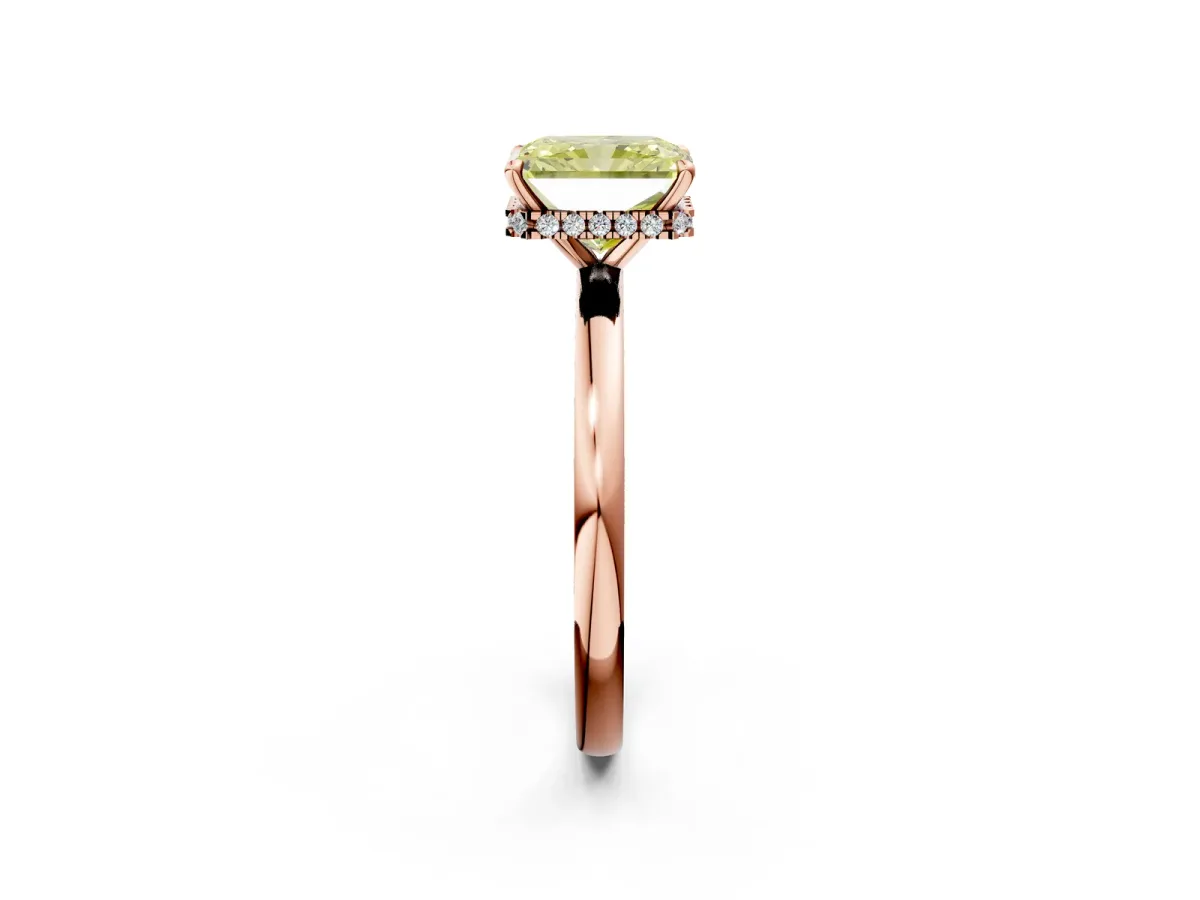 Fancy Yellow Radiant Cut Solitaire Engagement Ring with Cathedral Band and Four-Prong Setting Rose gold