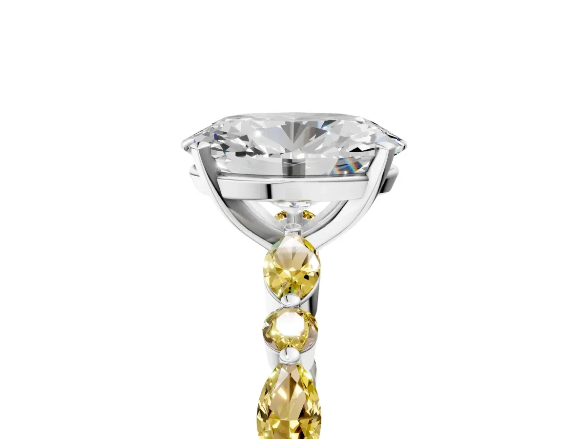 Oval Cut Diamond Ring with Marquise and Round Yellow Sapphire Side Stones and Four-Prong Setting White gold