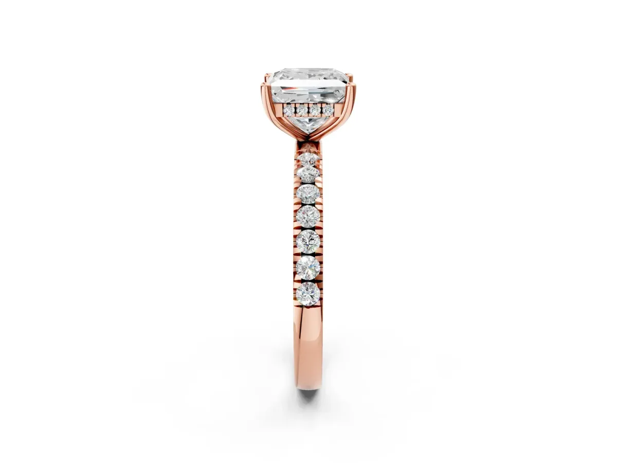 Princess Cut Diamond Pave Band Solitaire Ring with Round Moissanite and Prong Setting Rose gold
