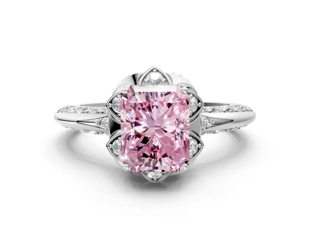 Fancy Pink Radiant Cut Halo Split Shank Pave Diamond Ring with Petal Prong Setting Platinum