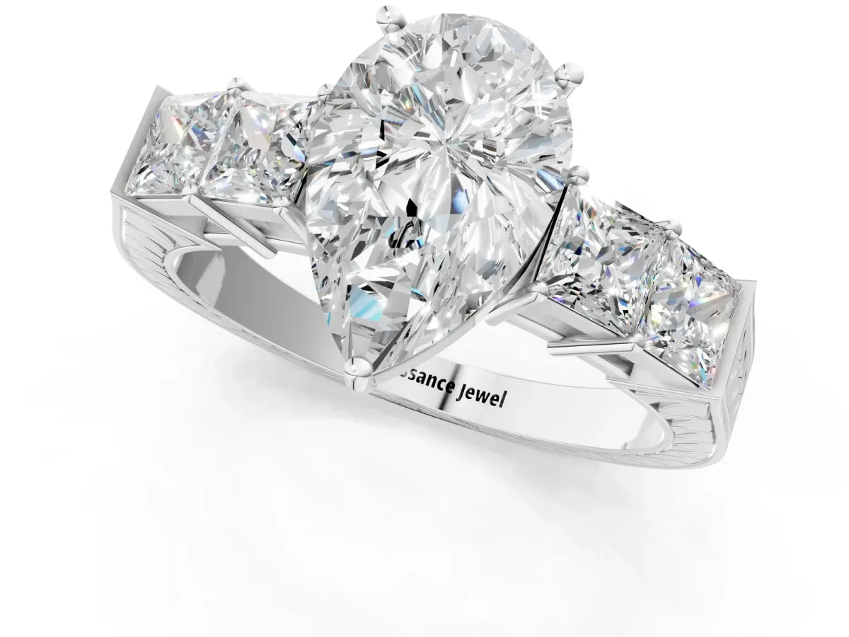 Pear Cut Solitaire Princess Side Stone Engraved Band Prong Setting Ring Silver