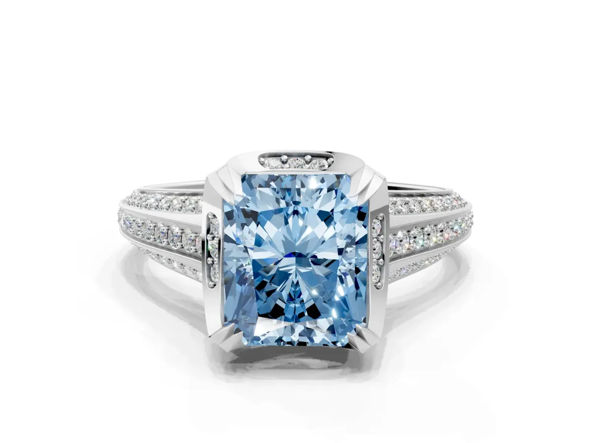 Fancy Blue Radiant Cut Solitaire Pave Split Shank Ring with Four-Prong Setting Platinum