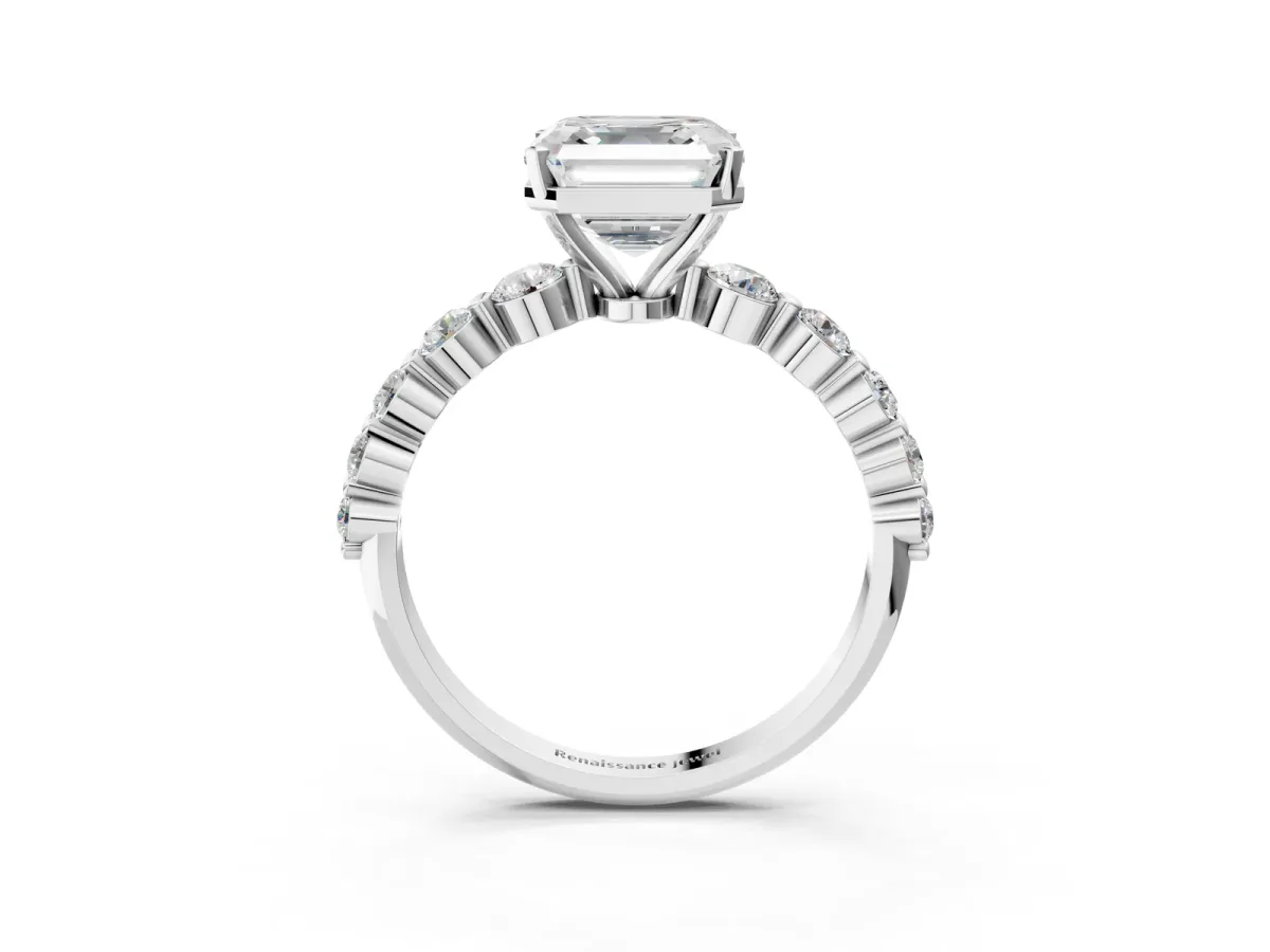 Asscher Cut Solitaire Diamond Ring with Pave Band and Four-Prong Setting Silver
