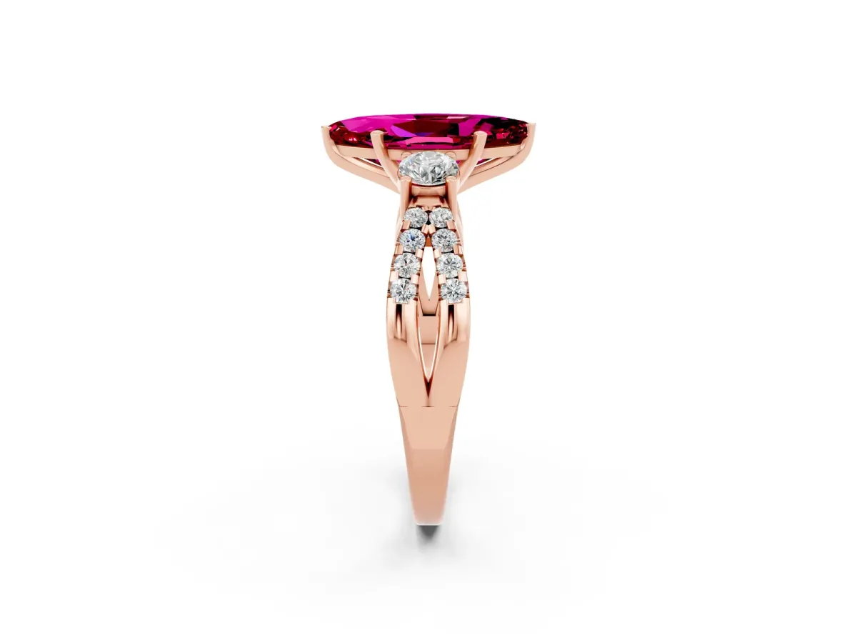 Marquise Cut Garnet Three-Stone Ring with Pavé Split Shank and Four-Prong Setting Rose gold