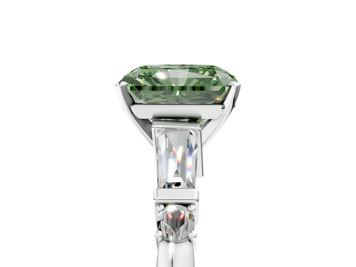 Fancy Green Radiant Cut Cut Diamond Ring with Baguette Side Stones, Channel Set Band, and Four-Prong Setting Platinum