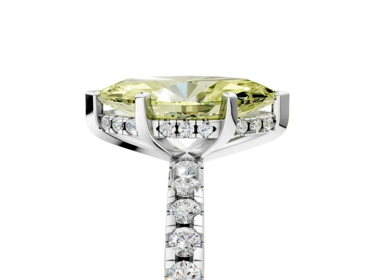 Fancy Yellow Marquise Cut Diamond Solitaire Ring with Round Pavé Band and Four-Prong Setting White gold