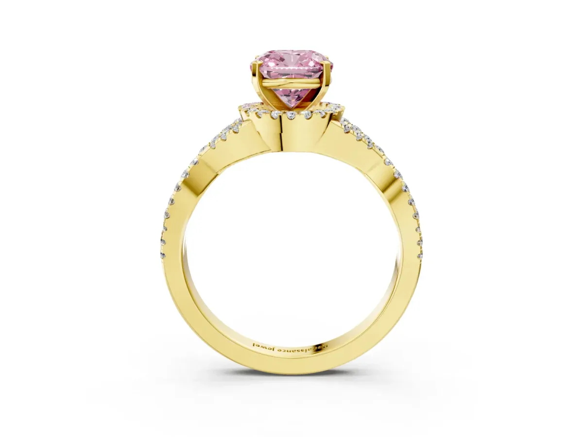 Fancy Pink Cushion Cut Diamond Halo Twist Band Solitaire Prong Setting Ring Yellow gold