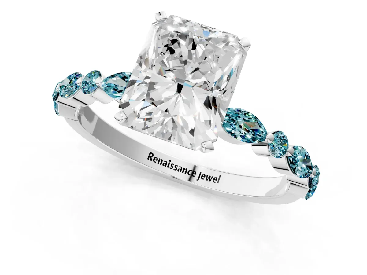 Radiant Cut Diamond Ring with Marquise and Round Blue Topaz Side Stones and Four-Prong Setting Platinum