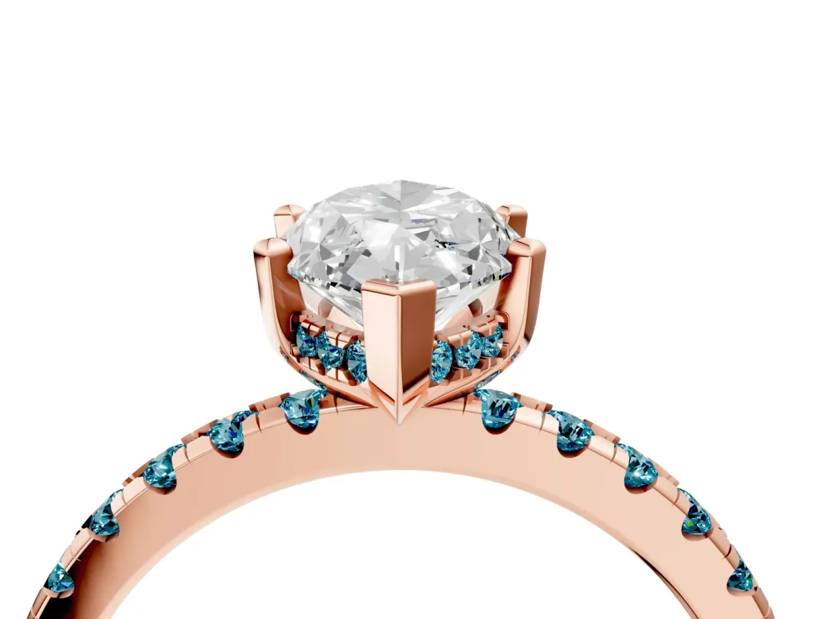 Marquise Cut Diamond Solitaire Ring with Round Blue Topaz Pavé Band and Four-Prong Setting Rose gold