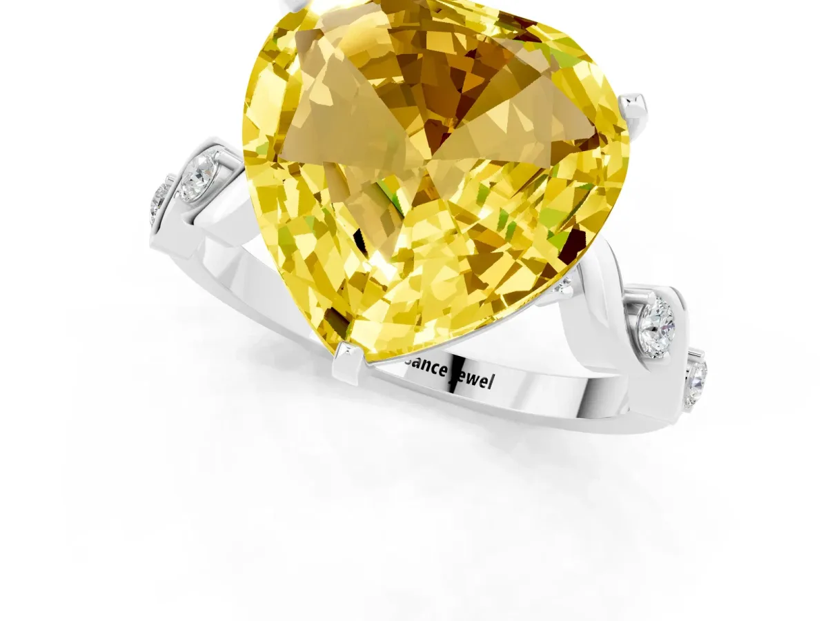 Heart Cut Yellow Sapphire Solitaire Twisted Band with Round Accents and Prong Setting Platinum