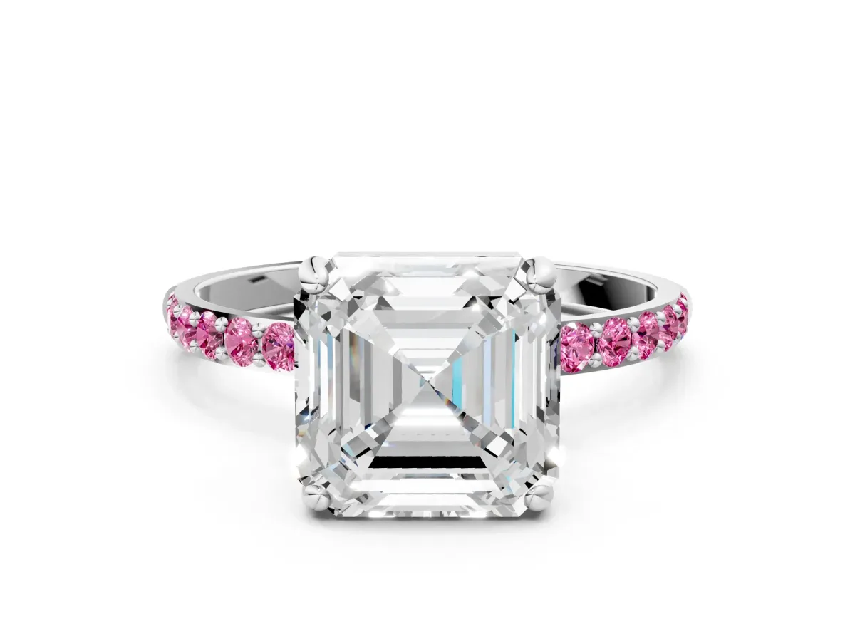 Asscher Cut Diamond Solitaire Ring with Round Pink Sapphire Pavé Band and Prong Setting White gold
