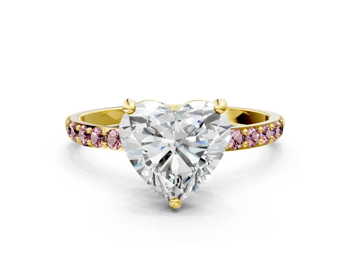 Heart Cut Diamond Solitaire Ring with Round Morganite Pavé Band and Prong Setting Yellow gold