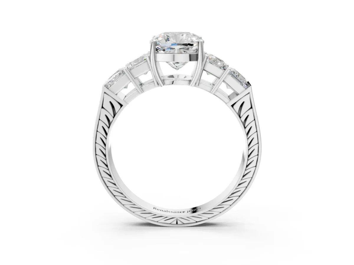 Cushion Cut Solitaire Princess Side Stone Engraved Band Prong Setting Ring Platinum