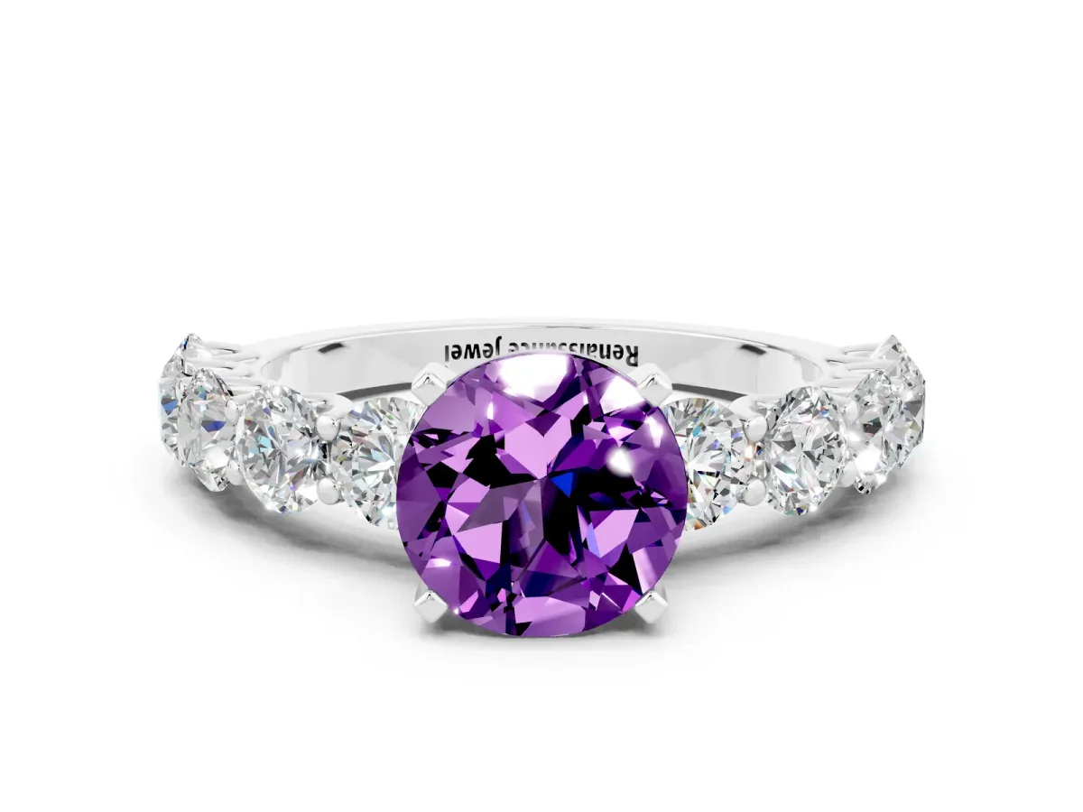 Round Cut Amethyst Prong Setting with Side Stones on a Pave Band White gold