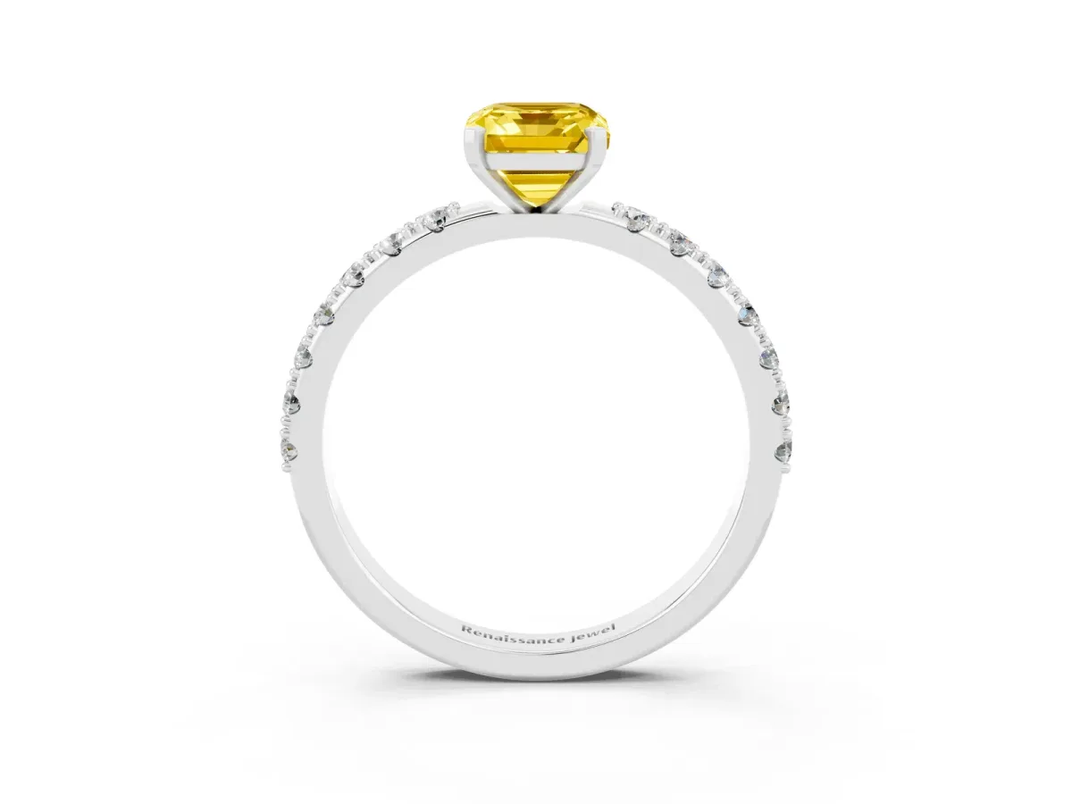 Emerald Cut Yellow Sapphire Solitaire Pavé Band with Four-Prong Setting Platinum