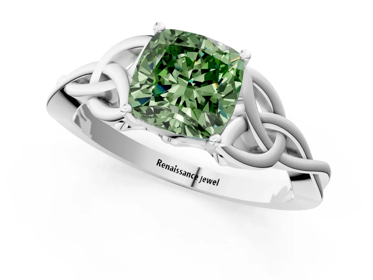 Fancy Green Cushion Cut Diamond Solitaire Engagement Ring with Celtic Knot Band and Four-Prong Setting White gold