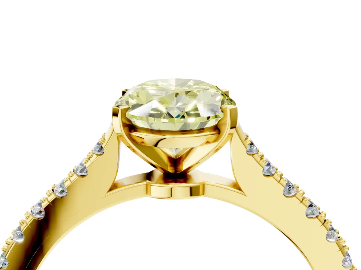 Fancy Yellow Oval Cut Cut Solitaire Diamond Engagement Ring with Pave Band and Four-Prong Setting Yellow gold