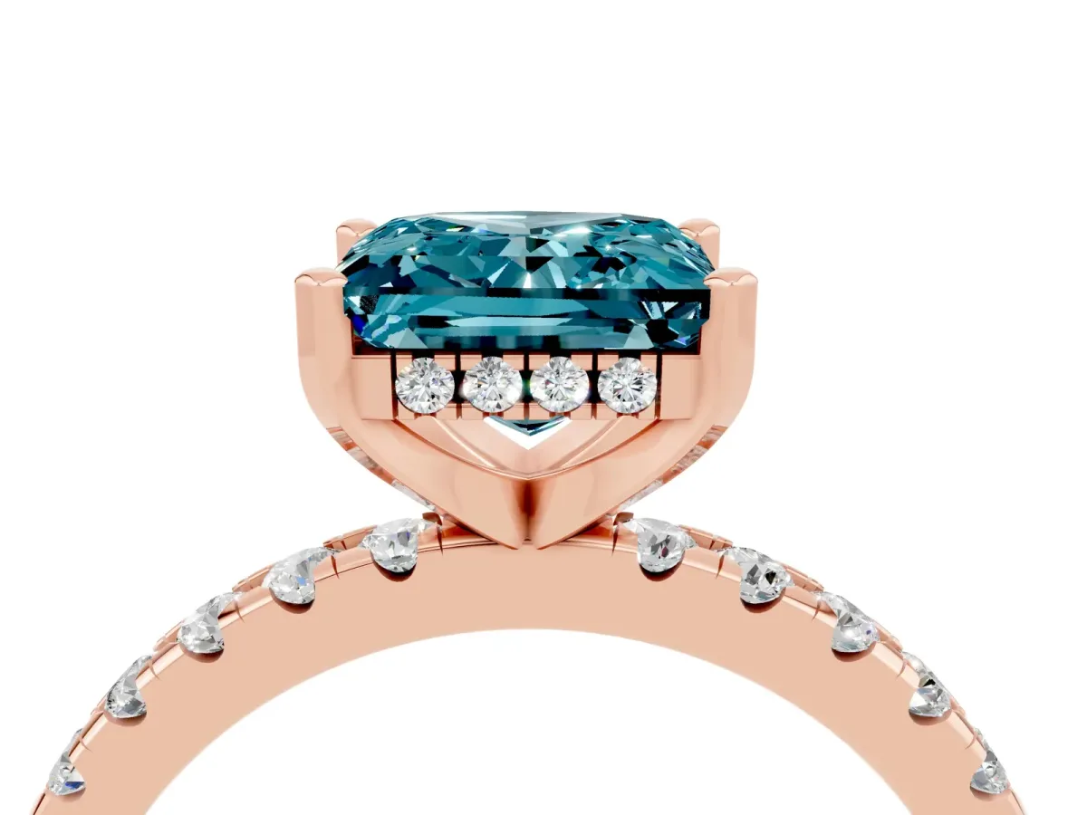 Princess Cut Blue Topaz Solitaire Ring with Round Pavé Band and Four-Prong Setting Rose gold