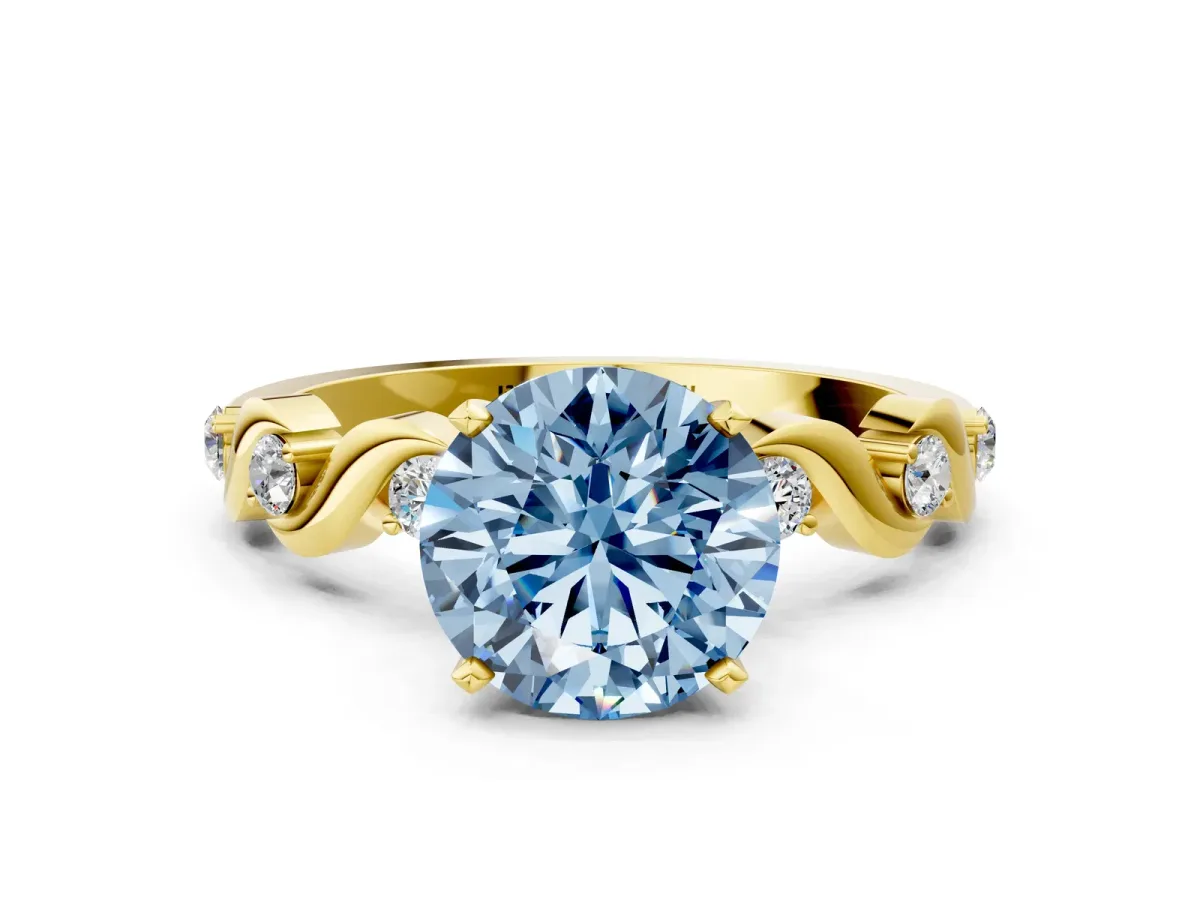 Fancy Blue Round Cut Diamond Solitaire Twisted Band with Round Accents and Prong Setting Yellow gold