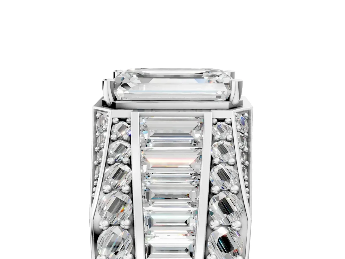 Emerald Cut Diamond Mens Ring with Baguette Side Stones Platinum