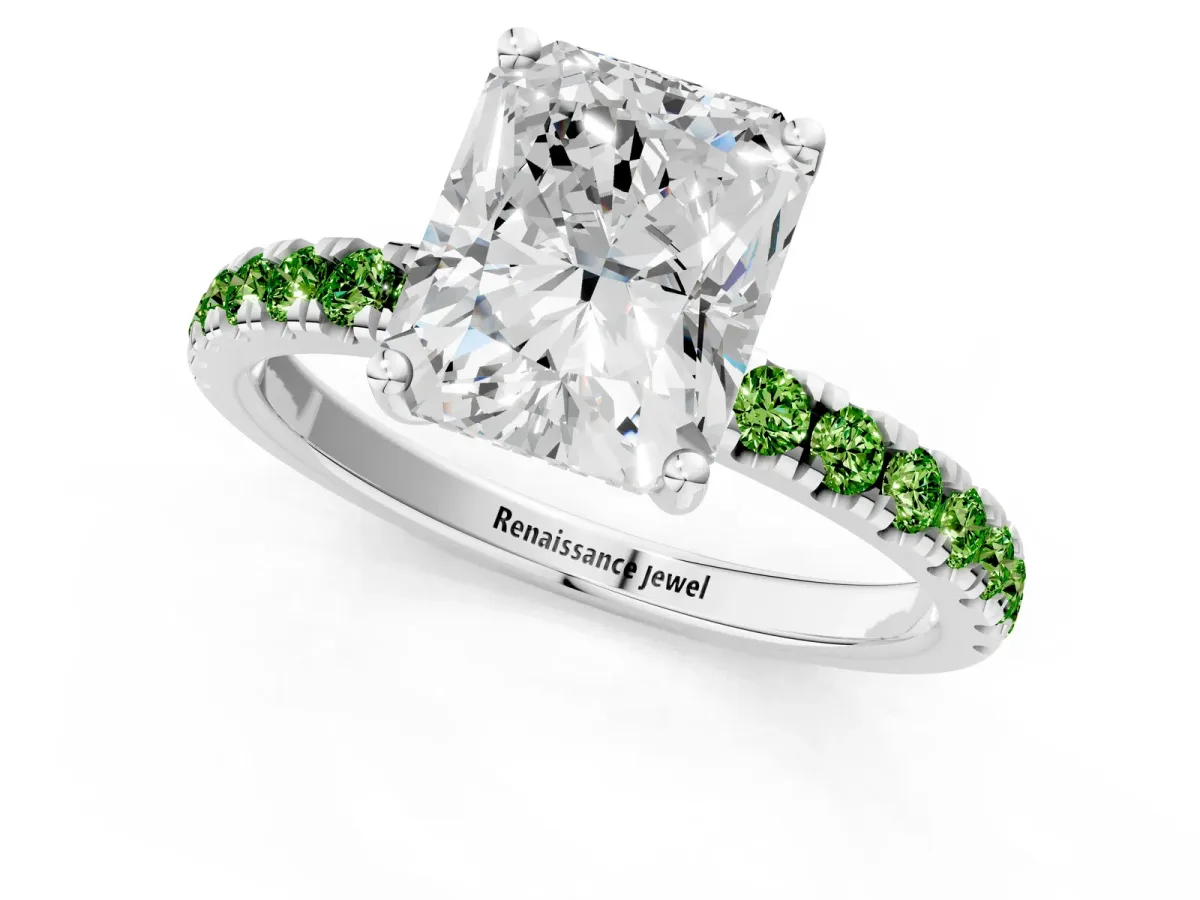 Radiant Cut Diamond Pave Band Solitaire Ring with Round Peridot and Prong Setting Silver