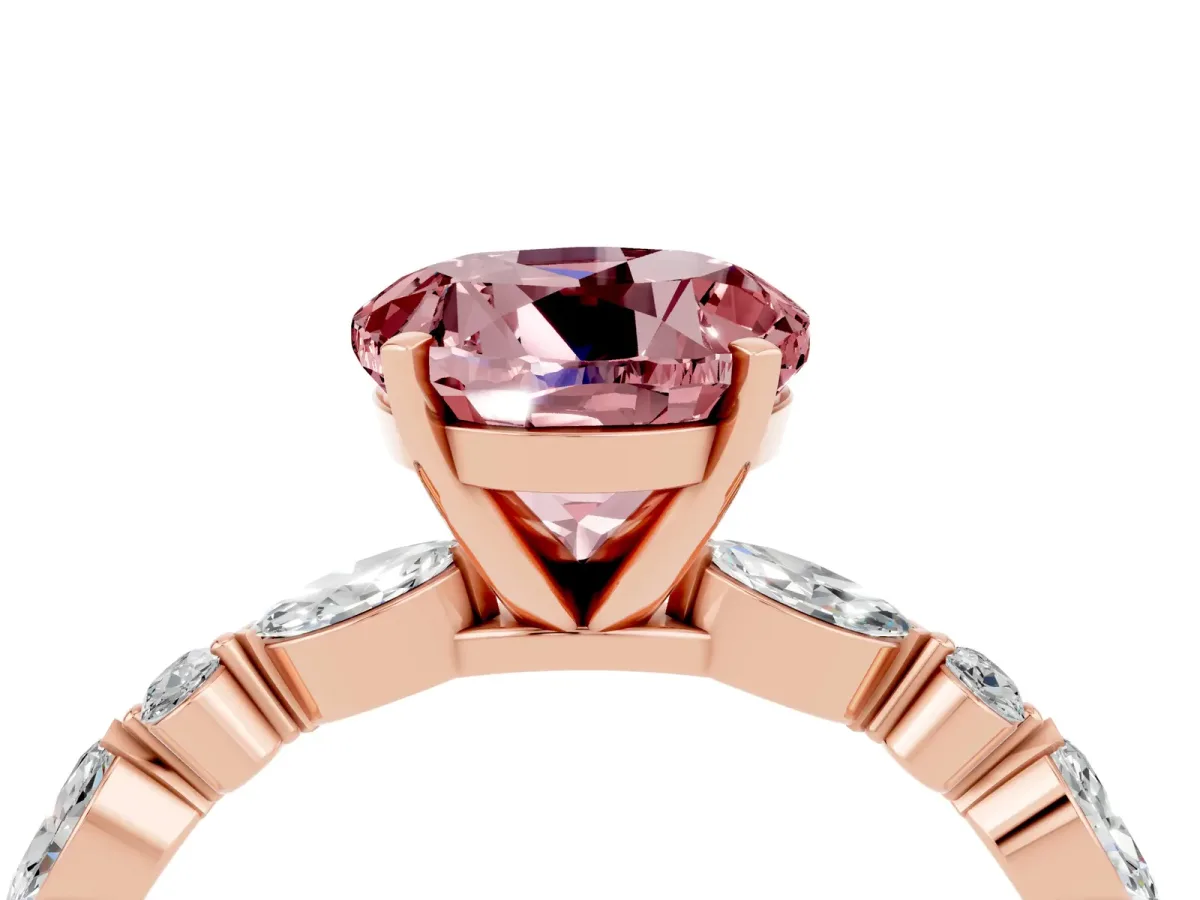 Round Cut Morganite Ring with Marquise and Round Side Stones and Four-Prong Setting Rose gold