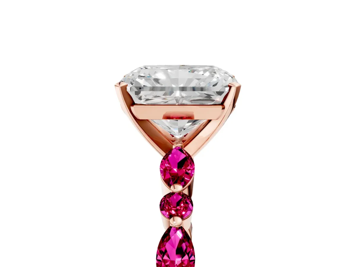 Radiant Cut Diamond Ring with Marquise and Round Garnet Side Stones and Four-Prong Setting Rose gold