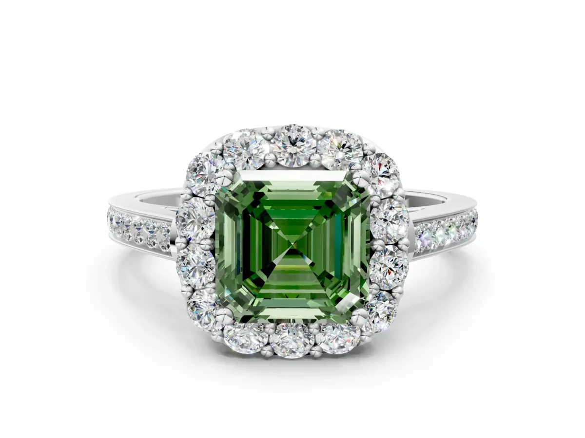 Fancy Green Asscher Cut Diamond Floral Halo Ring with Pavé Band and Prong Setting Platinum