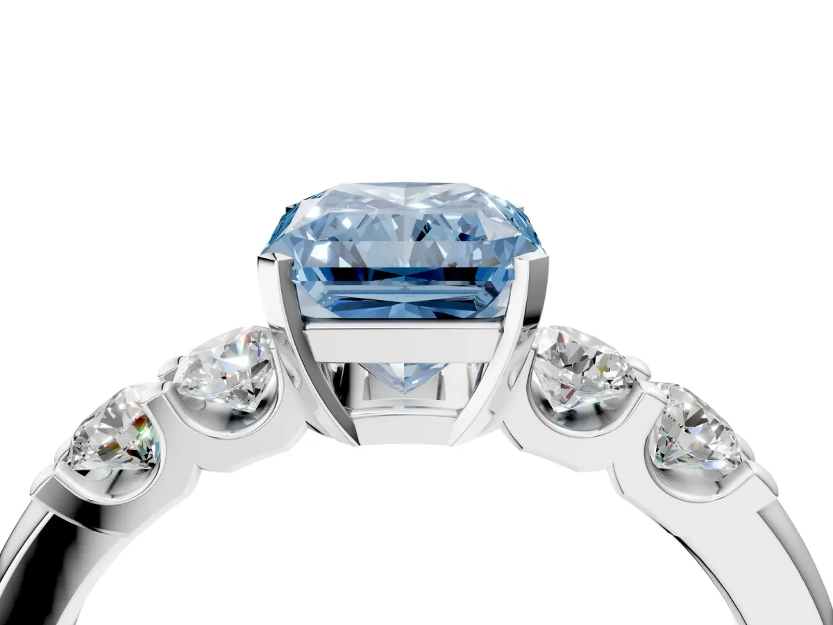 Fancy Blue Radiant Cut Brilliant Cut Diamond Five-Stone Prong Set Engagement Ring with Channel Band Platinum