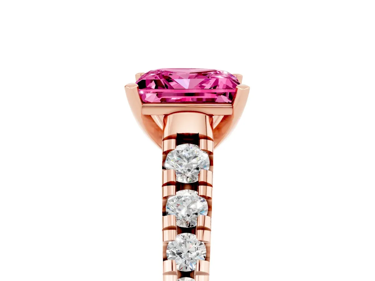 Princess Cut Pink Sapphire Cathedral Solitaire Ring with Round Pavé Band Rose gold