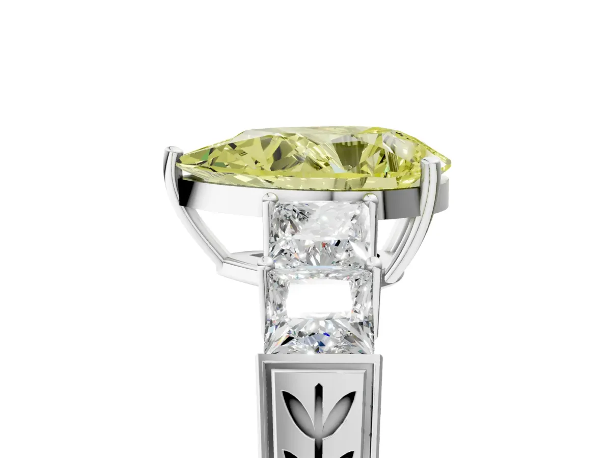 Fancy Yellow Pear Cut Solitaire Princess Side Stone Engraved Band Prong Setting Ring Platinum