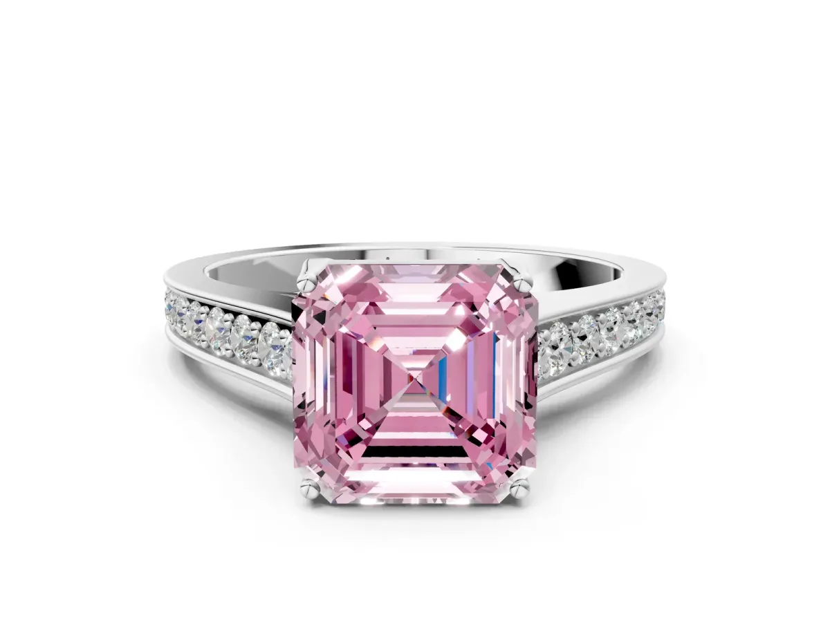 Fancy Pink Asscher Cut Brilliant Cut Diamond Engagement Ring with Pavé Band and Four-Prong Setting Platinum