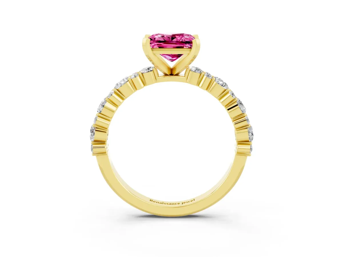 Princess Cut Pink Sapphire Side Stone Solitaire Ring with Round and Four-Prong Setting Yellow gold