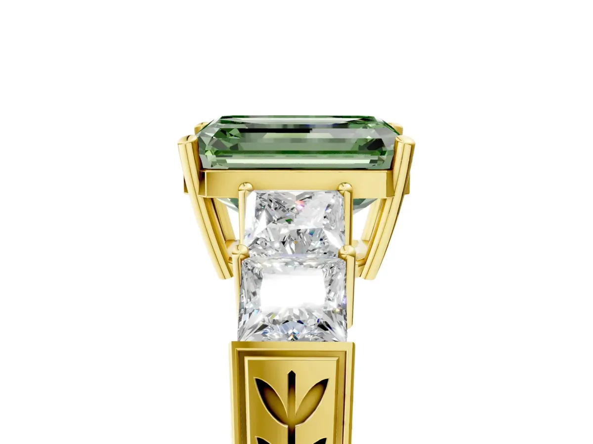 Fancy Green Emerald Cut Solitaire Princess Side Stone Engraved Band Prong Setting Ring Yellow gold