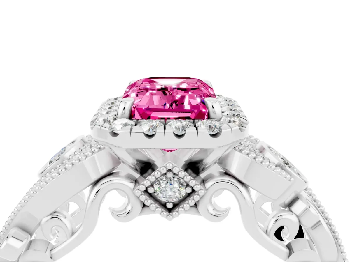 Emerald Cut Pink Sapphire Halo Ring with Milgrain Pavé Band and Four-Prong Setting White gold
