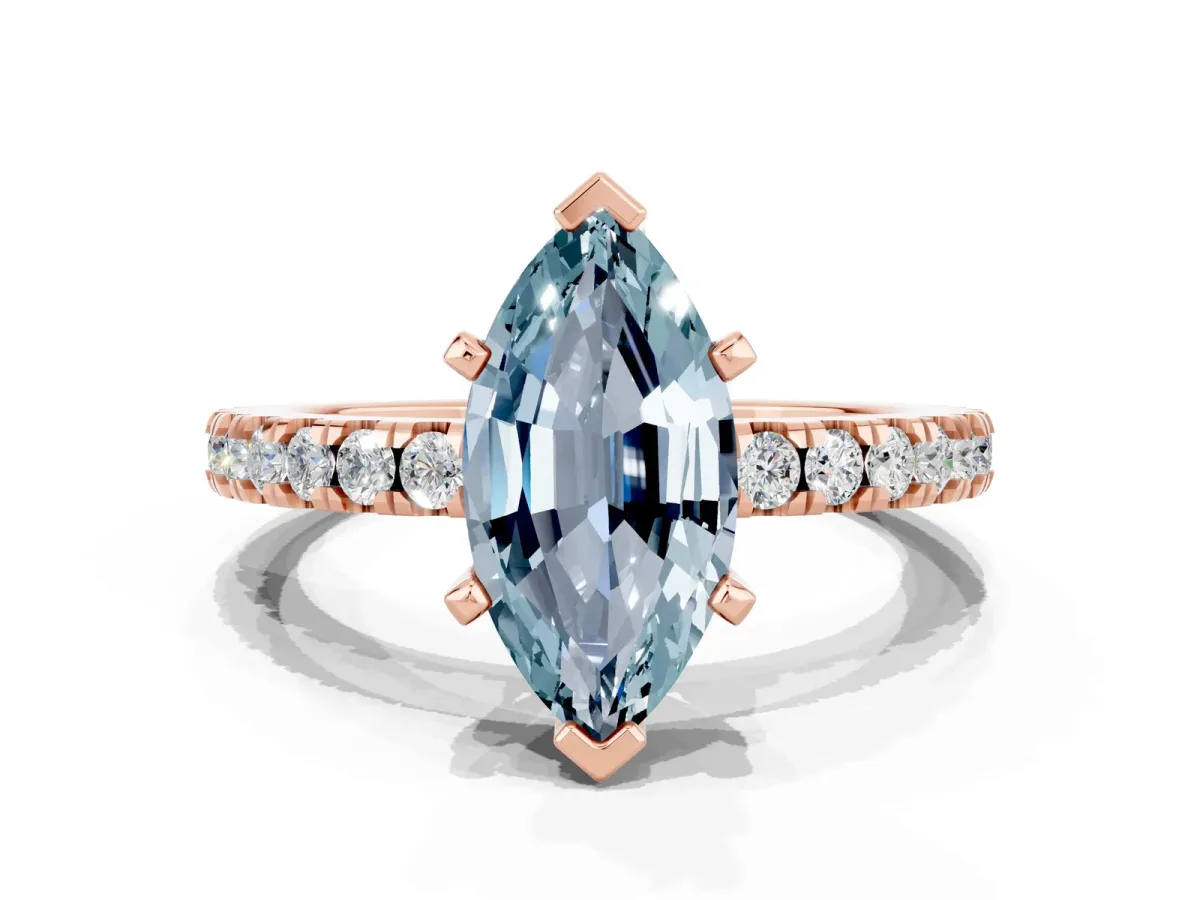 Marquise Cut Solitaire Aquamarine with Pavé Band and Four-Prong Setting Rose gold