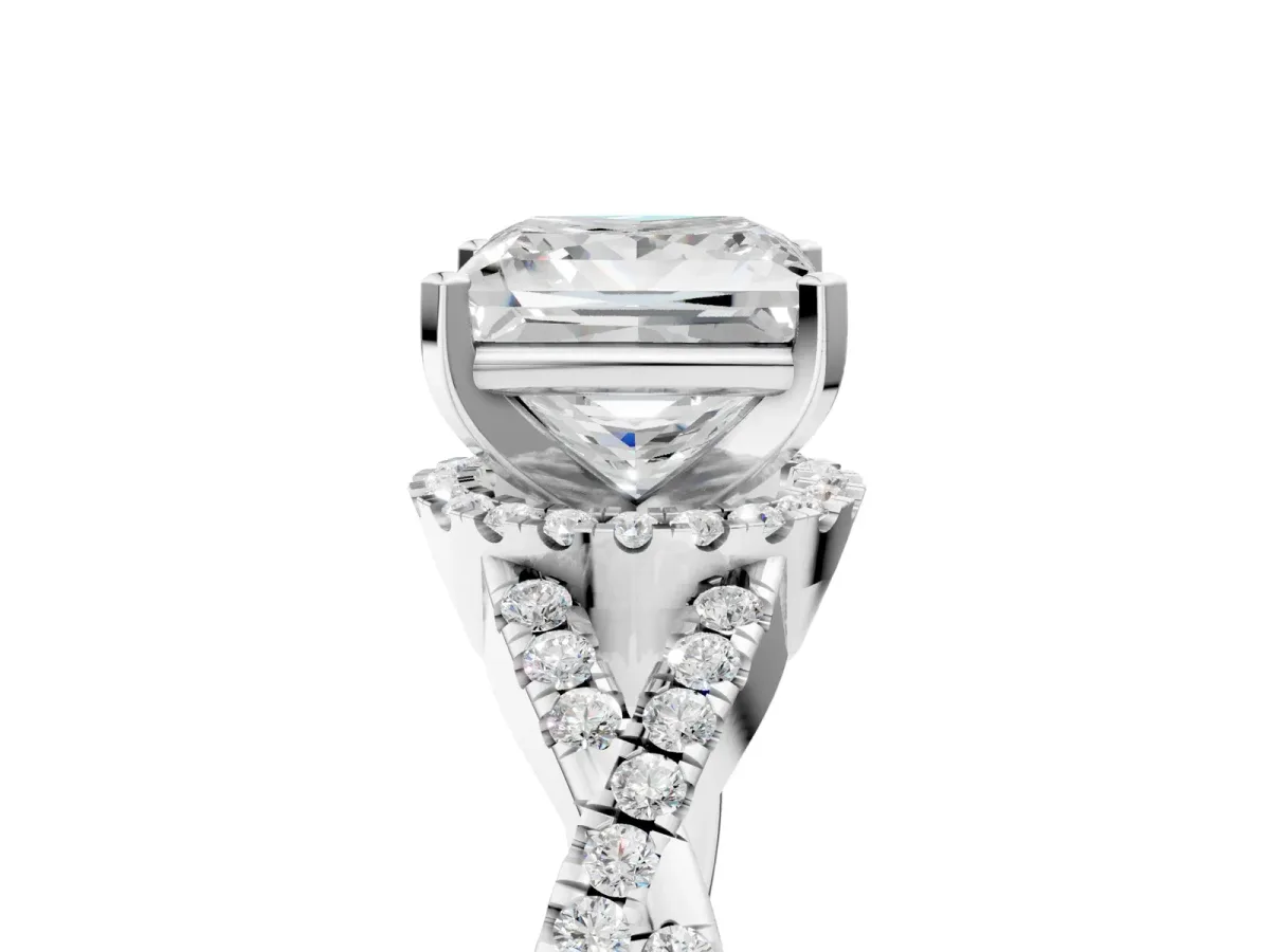 Princess Cut Diamond Moissanite Halo Twist Band Solitaire Prong Setting Ring White gold