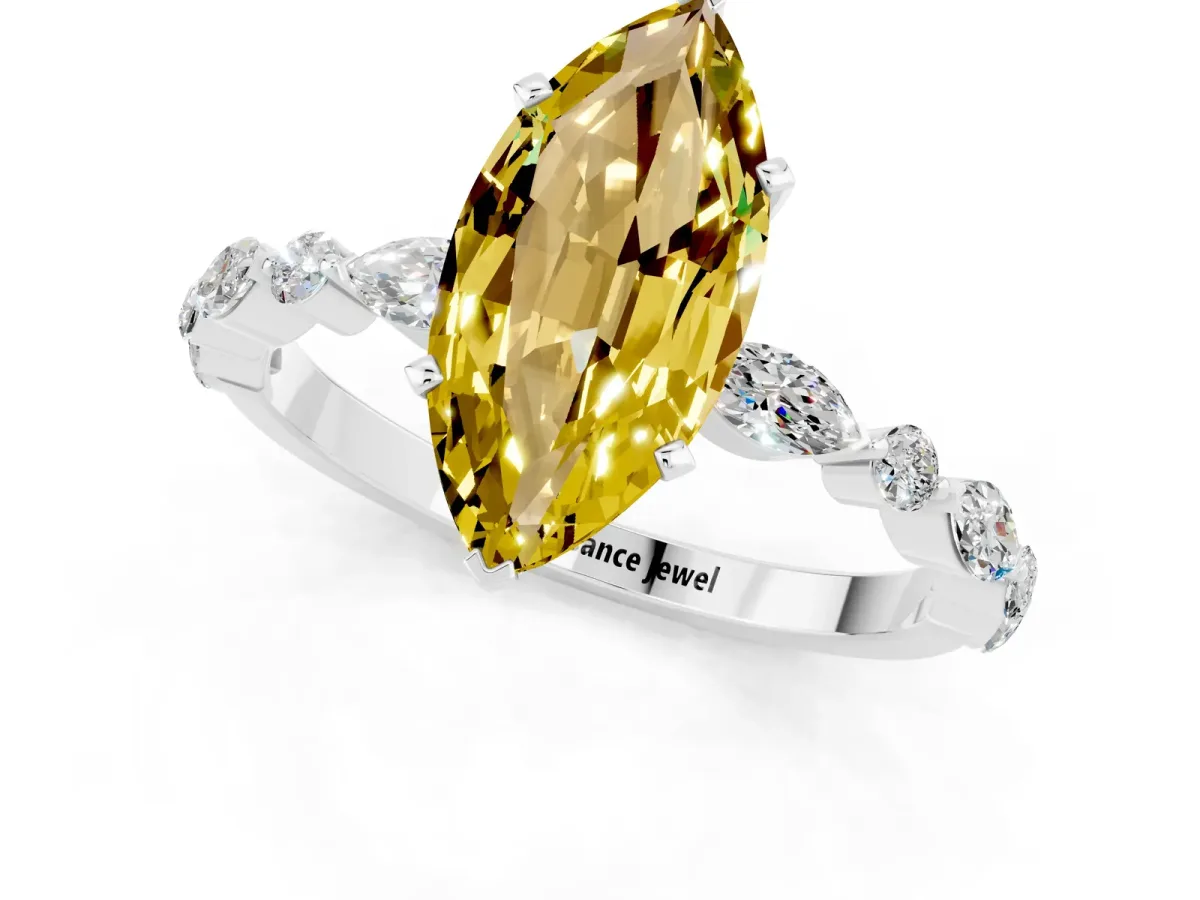 Marquise Cut Yellow Sapphire Ring with Marquise and Round Side Stones and Four-Prong Setting White gold
