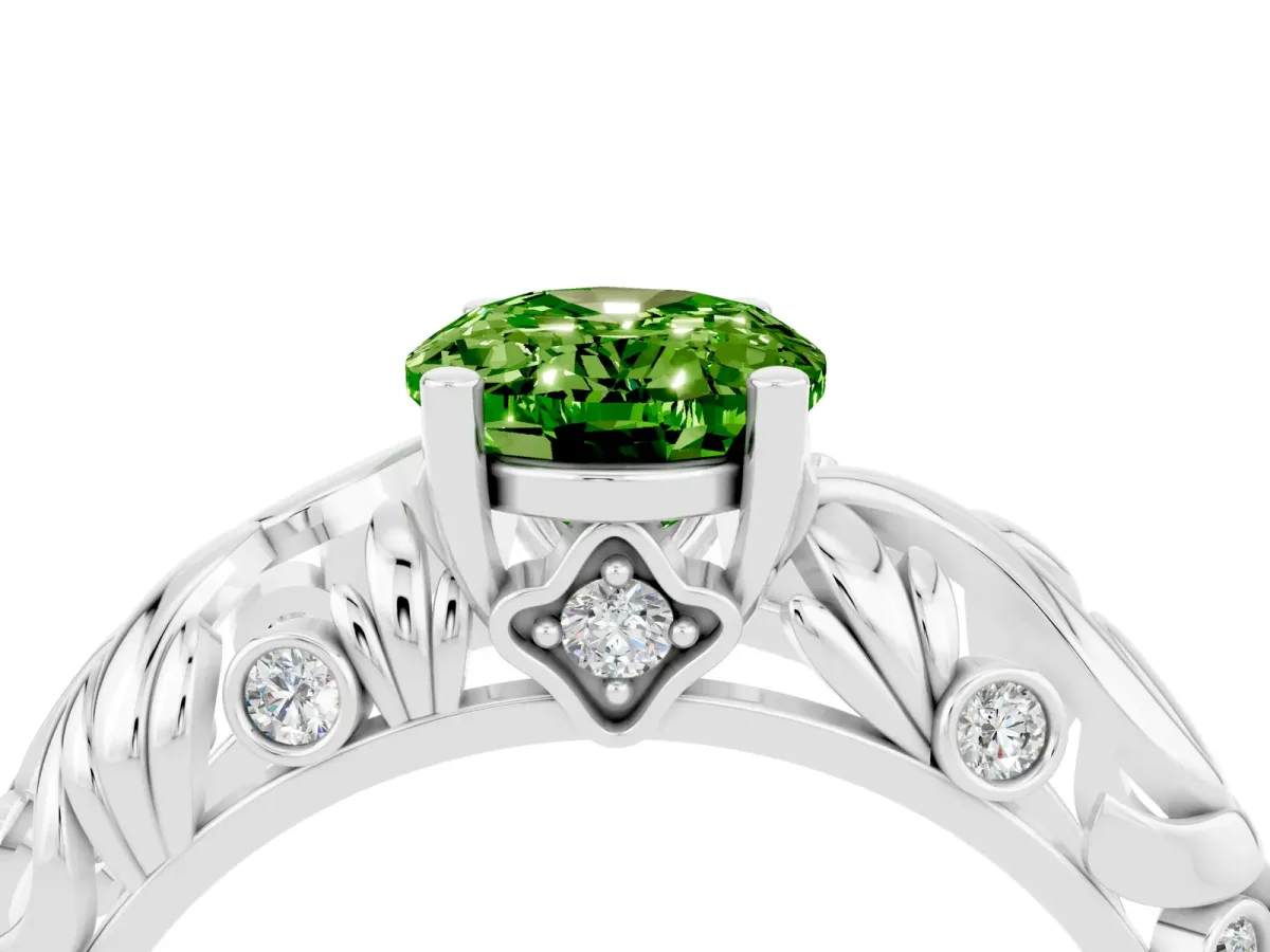 Oval Cut Solitaire Peridot Leaf-Inspired Vine Band Ring with Prong Setting White gold