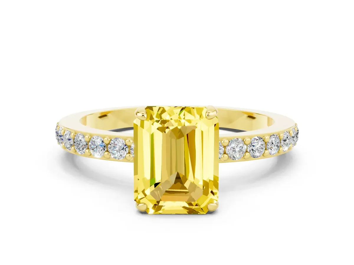 Emerald Cut Yellow Sapphire Solitaire Engagement Ring with Pavé Band and Four-Prong Setting Yellow gold