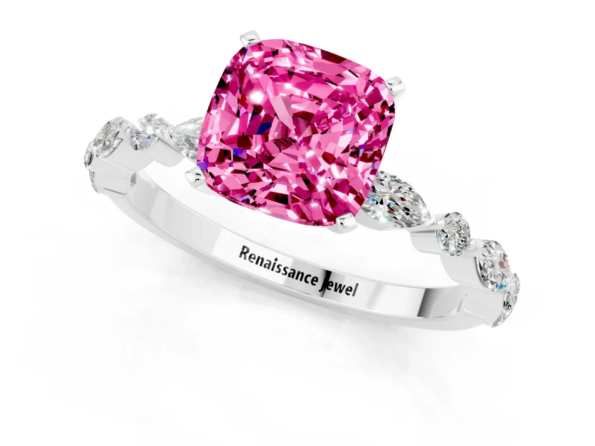 Cushion Cut Pink Sapphire Ring with Marquise and Round Side Stones and Four-Prong Setting White gold