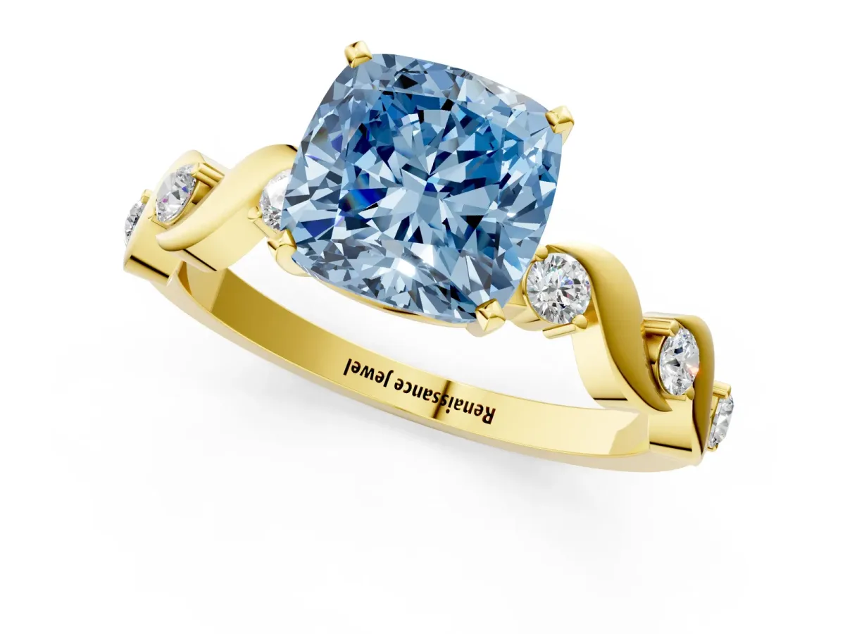 Fancy Blue Cushion Cut Diamond Solitaire Twisted Band with Round Accents and Prong Setting Yellow gold