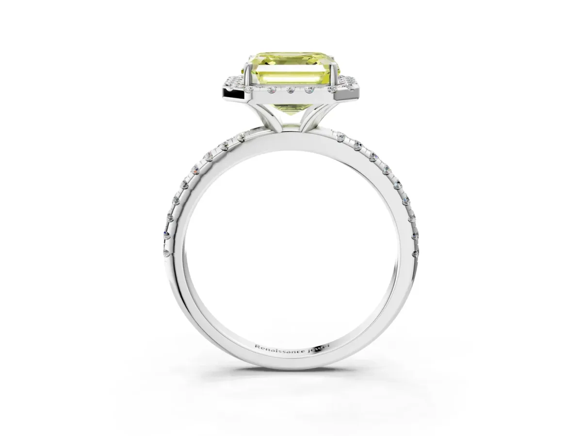 Fancy Yellow Asscher Cut Diamond Halo Engagement Ring with Round Pavé Band and Prong Setting Platinum