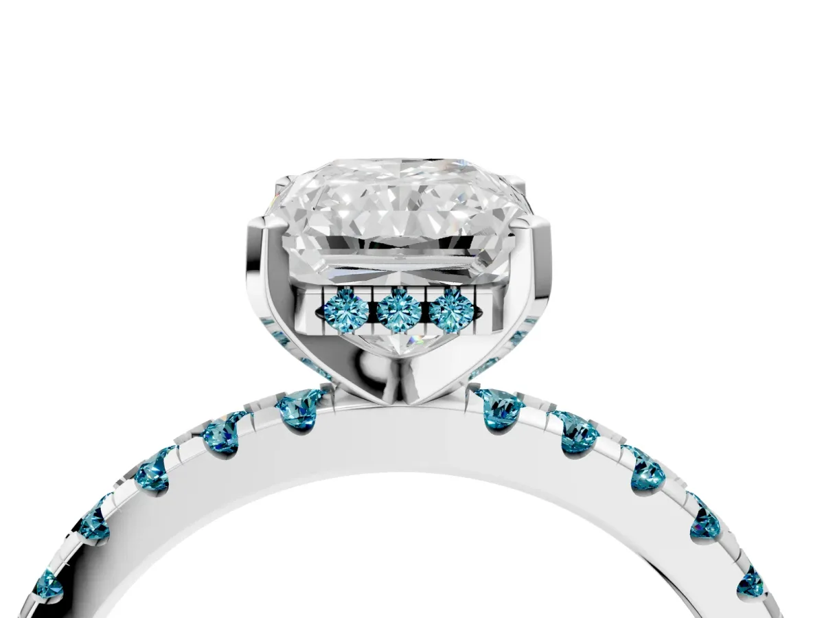 Radiant Cut Diamond Solitaire Ring with Round Blue Topaz Pavé Band and Four-Prong Setting White gold