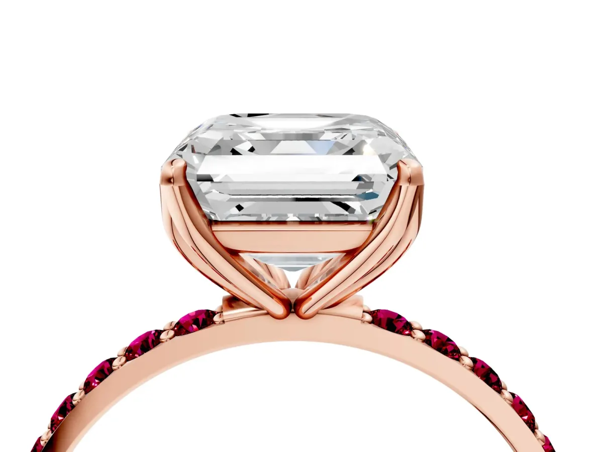 Asscher Cut Diamond Solitaire Engagement Ring with Round Garnet Pavé Band and Prong Setting Rose gold