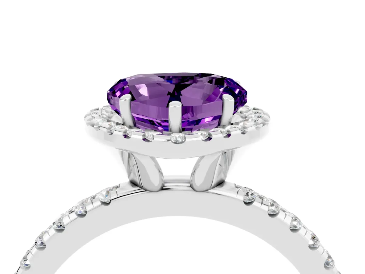 Heart Cut Amethyst Halo Engagement Ring with Round Pavé Band and Prong Setting Platinum