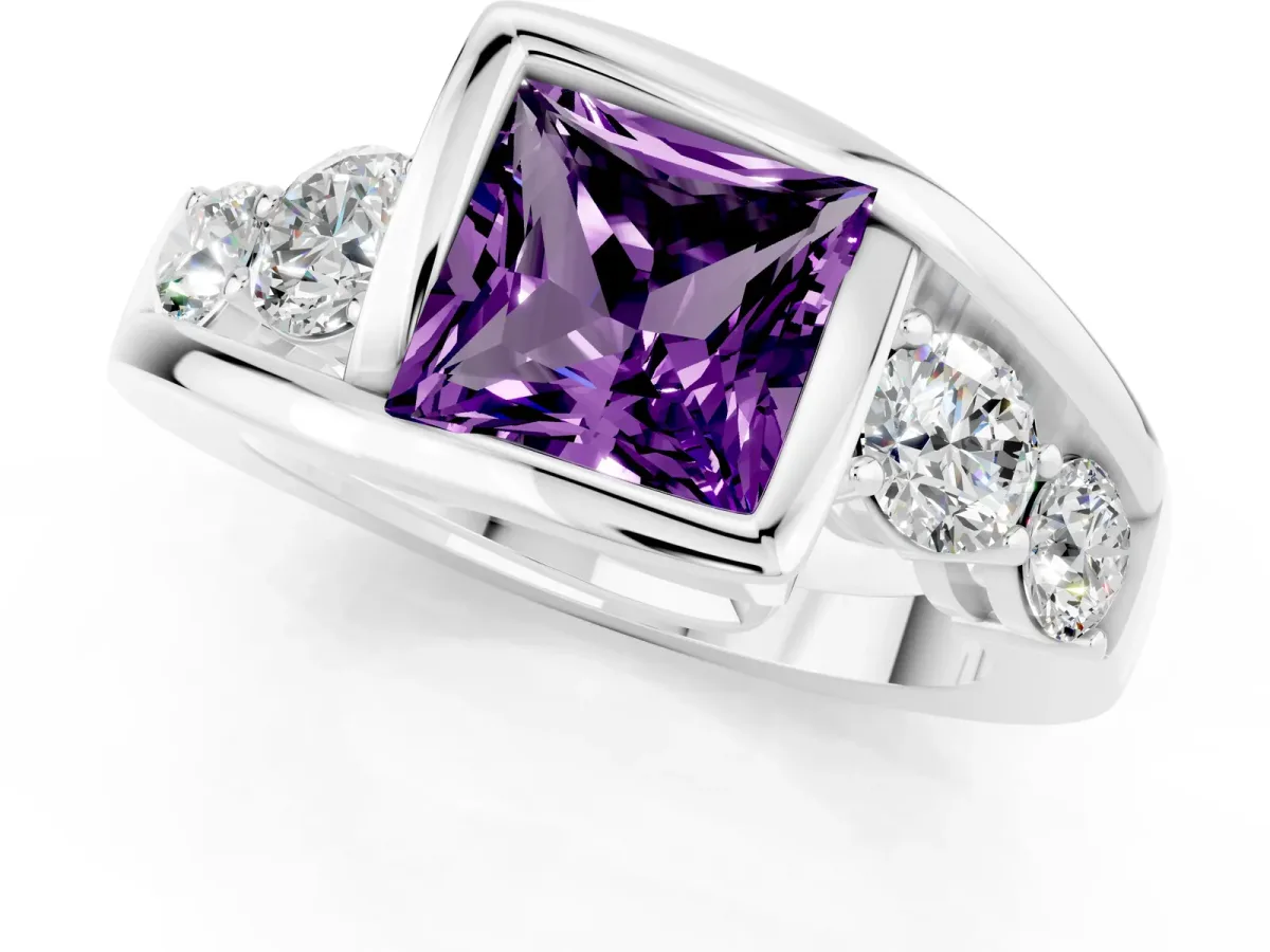 Bezel Set Princess Cut Amethyst Bypass Ring with Round Accents Silver