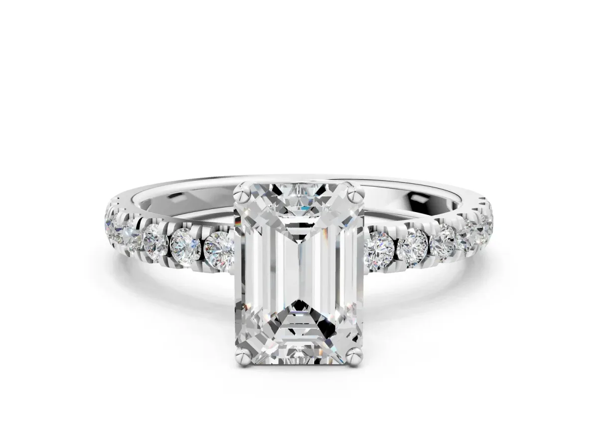 Emerald Cut Diamond Pave Band Solitaire Ring with Round and Prong Setting White gold