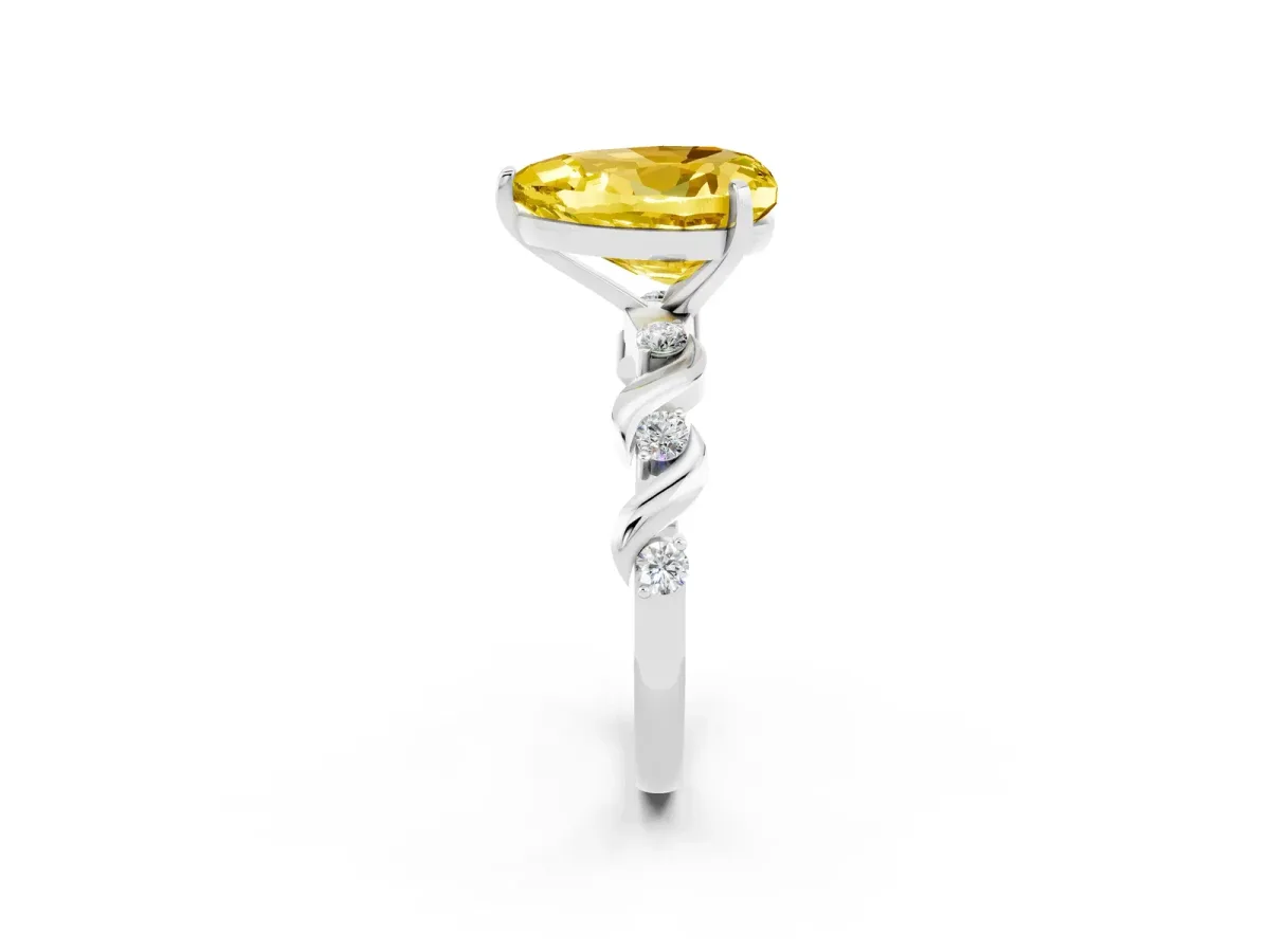 Heart Cut Yellow Sapphire Solitaire Twisted Band with Round Accents and Prong Setting Platinum