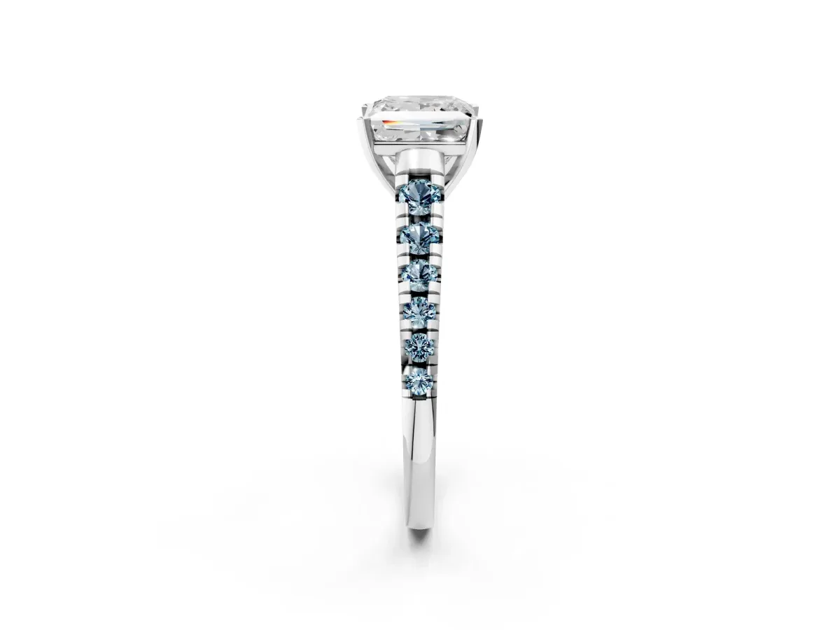 Princess Cut Diamond Cathedral Solitaire Ring with Round Aquamarine Pavé Band White gold
